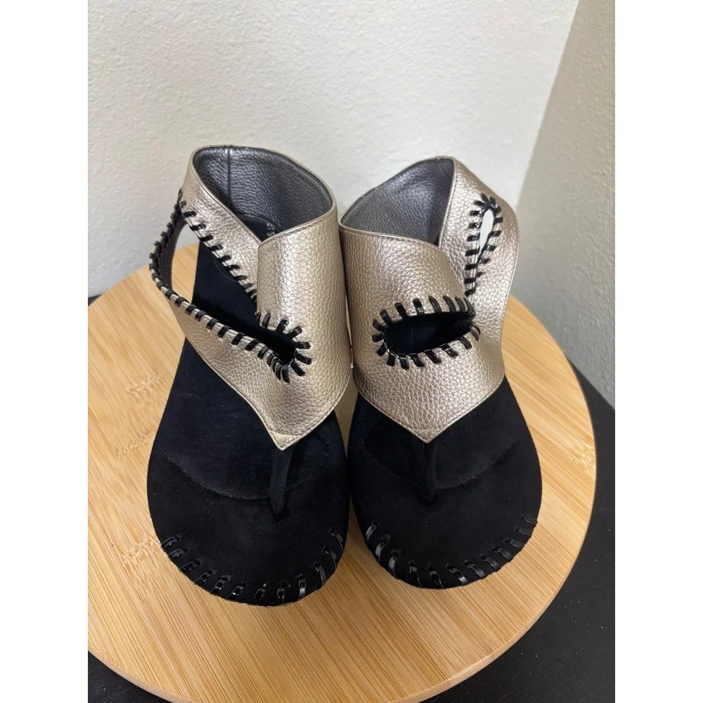 Modzori Reversible Wedge Sandals Size 9 Metallic Pewter Gold Whipstitch Thong